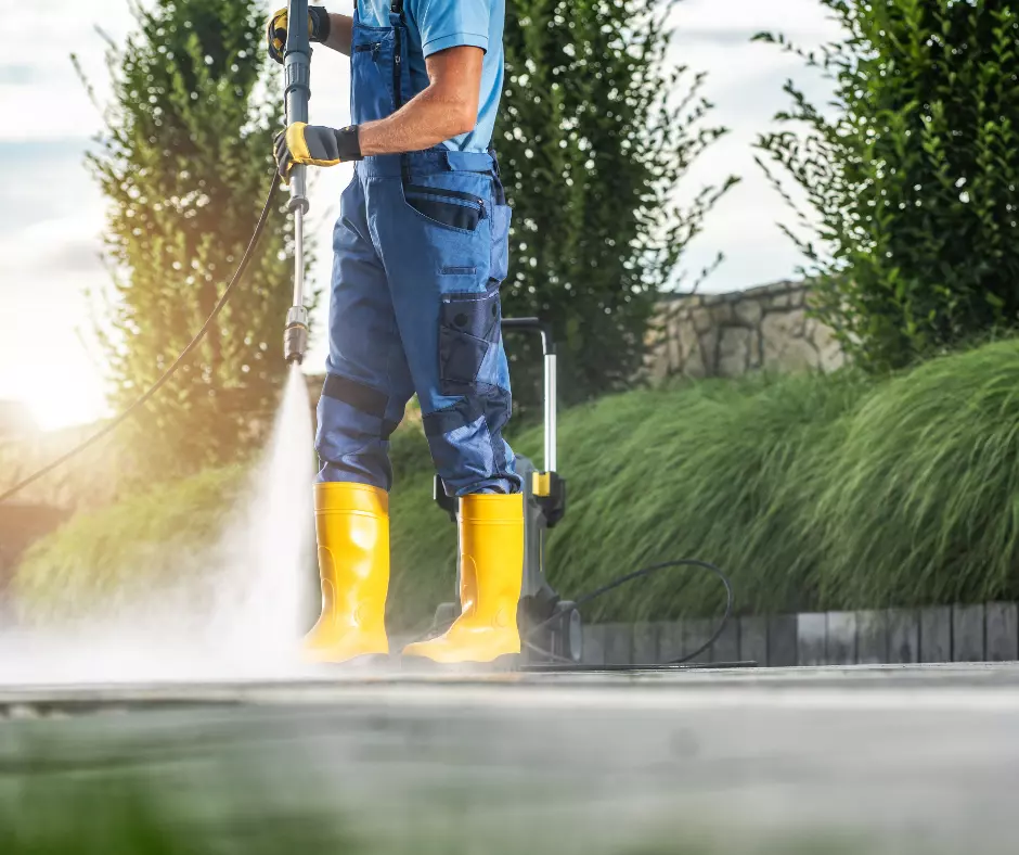 An image showing a powerful jet washing machine in action, providing convenience and time-saving benefits for outdoor cleaning tasks.