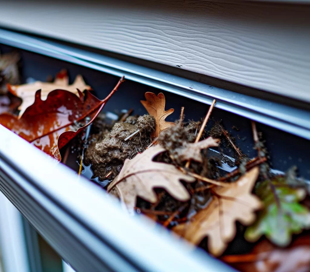 A photo of clogged gutters and debris to illustrate the importance of gutter cleaning